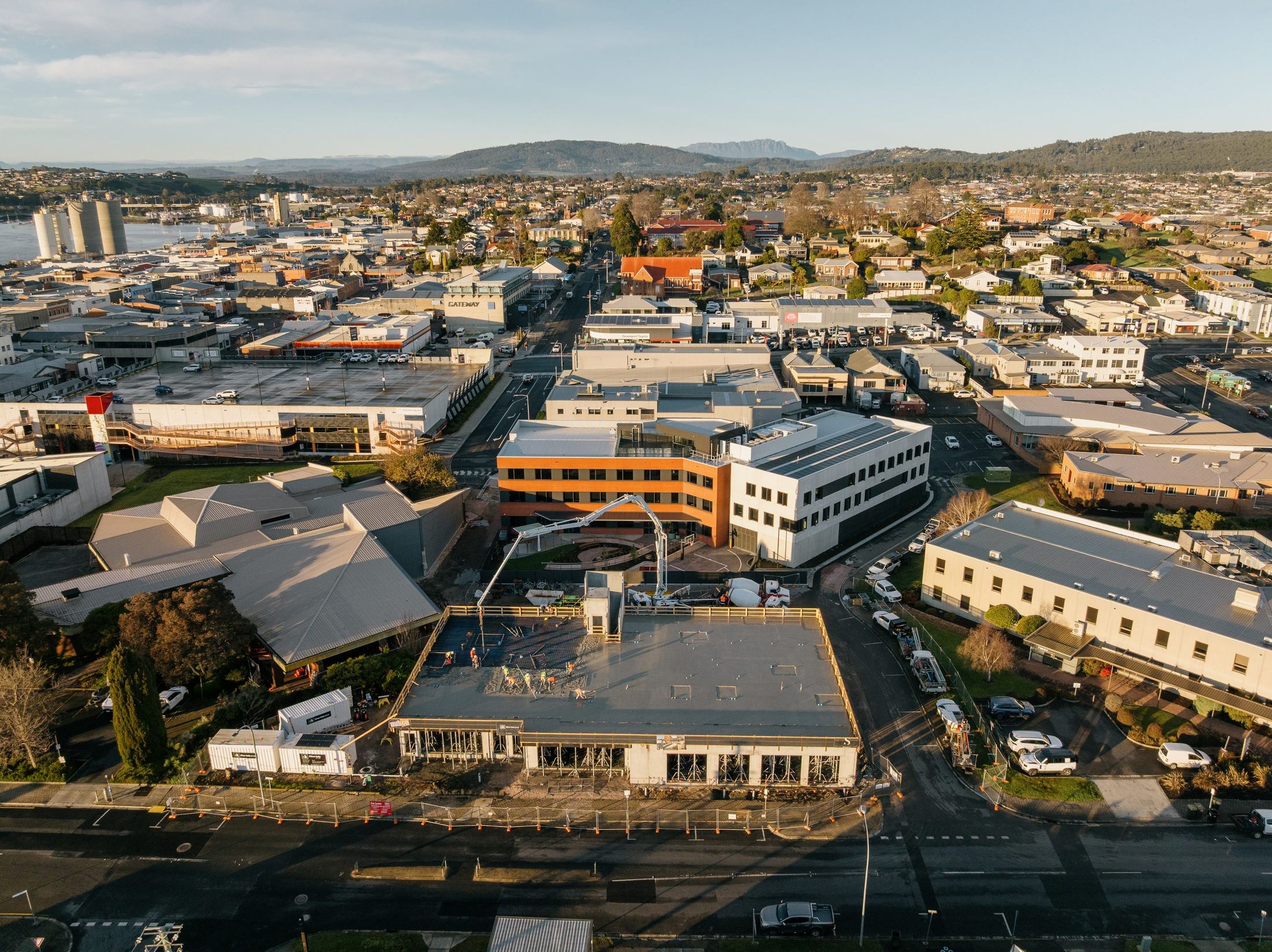 Aerial view of a commercial concrete pour in the Devonport CBD